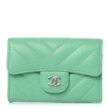Chanel Caviar Chevron Quilted Flap Card Holder Green 1 of 9