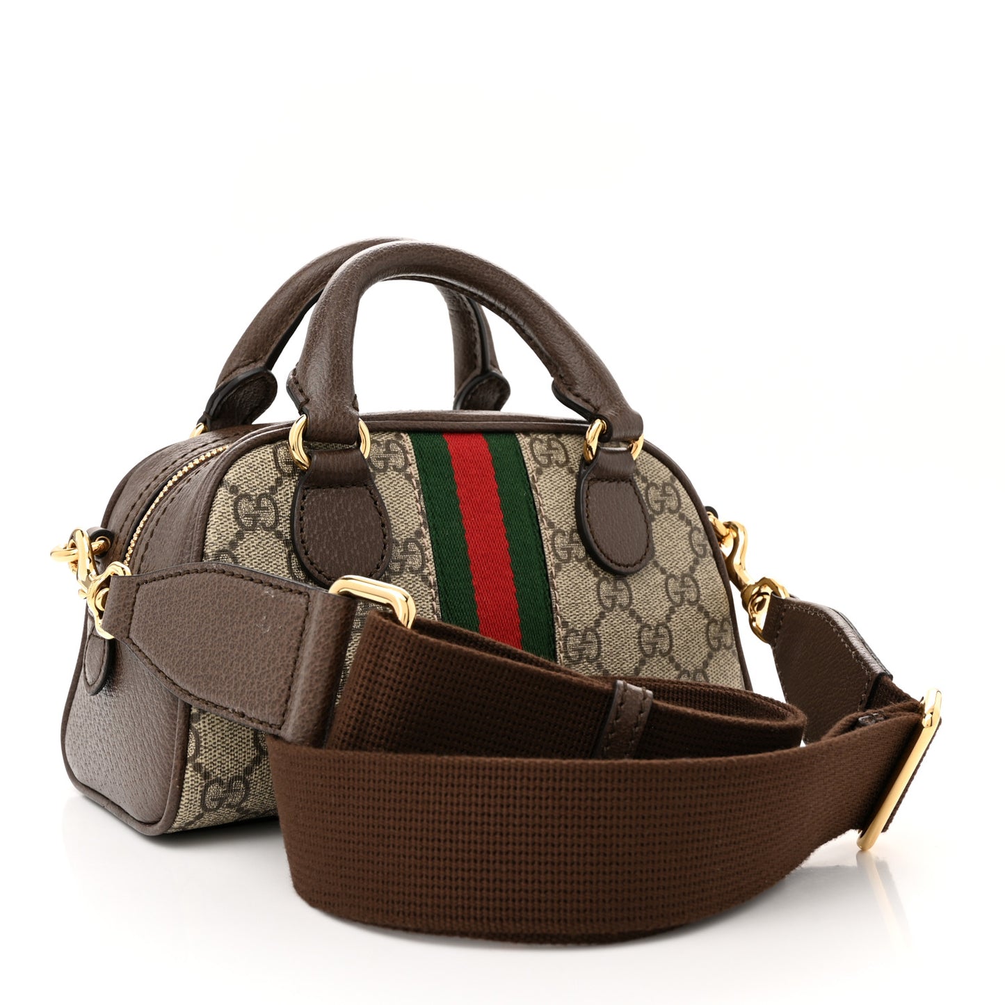 GG Supreme Monogram Textured Dollar Calfskin Web Mini Ophidia Top Handle Bowler Bag Beige Ebony New Acero