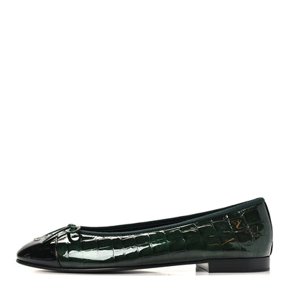 Chanel Patent Calfskin Crocodile Embossed Ballerina Flats 41 Dark Green Black 1 of 10
