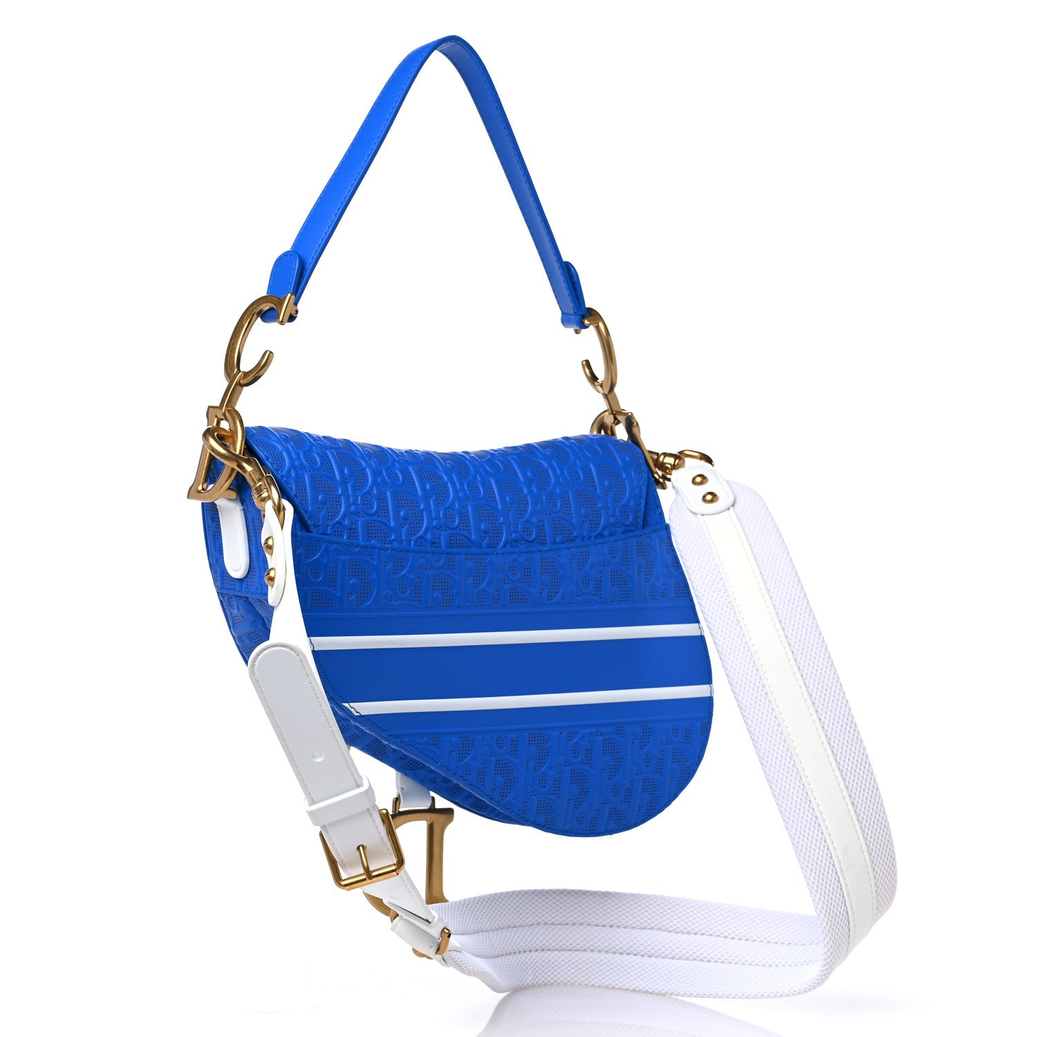 Christian Dior Perforated Calfskin Embossed Oblique Saddle Bag Blue White 3 of 10