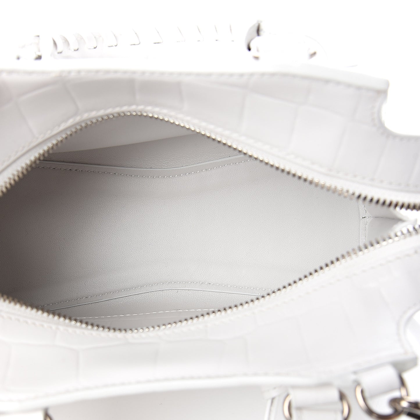 Semi Shiny Calfskin Crocodile Embossed Neo Classic Silver Hardware Mini City White