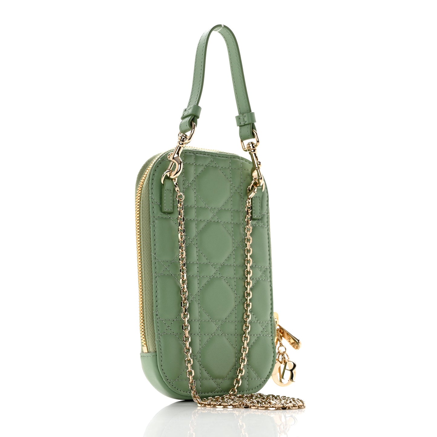 Lambskin Cannage Lady Dior Phone Holder Green