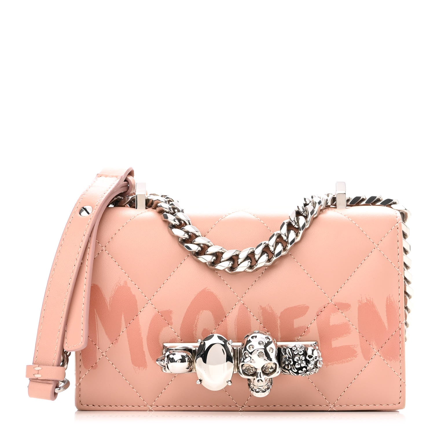Alexander McQueen Lambskin Quilted Graffiti Skull Knuckle Crossbody Rose Gold 1 of 12