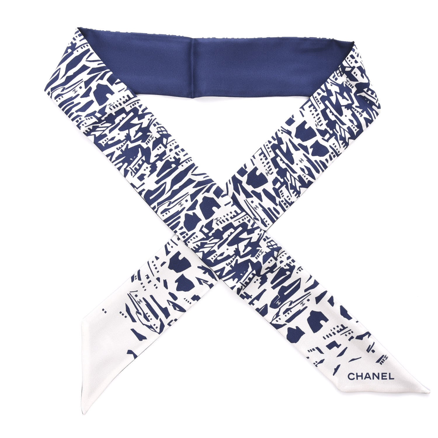 Chanel Silk Twill Slim Bandeau Scarf Navy Blue White 1 of 3