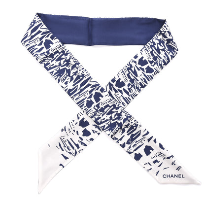 Chanel Silk Twill Slim Bandeau Scarf Navy Blue White 1 of 3