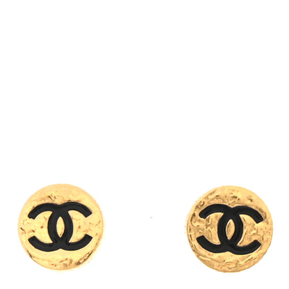 Chanel Metal Enamel Textured CC Round Earrings Gold Black 1 of 5