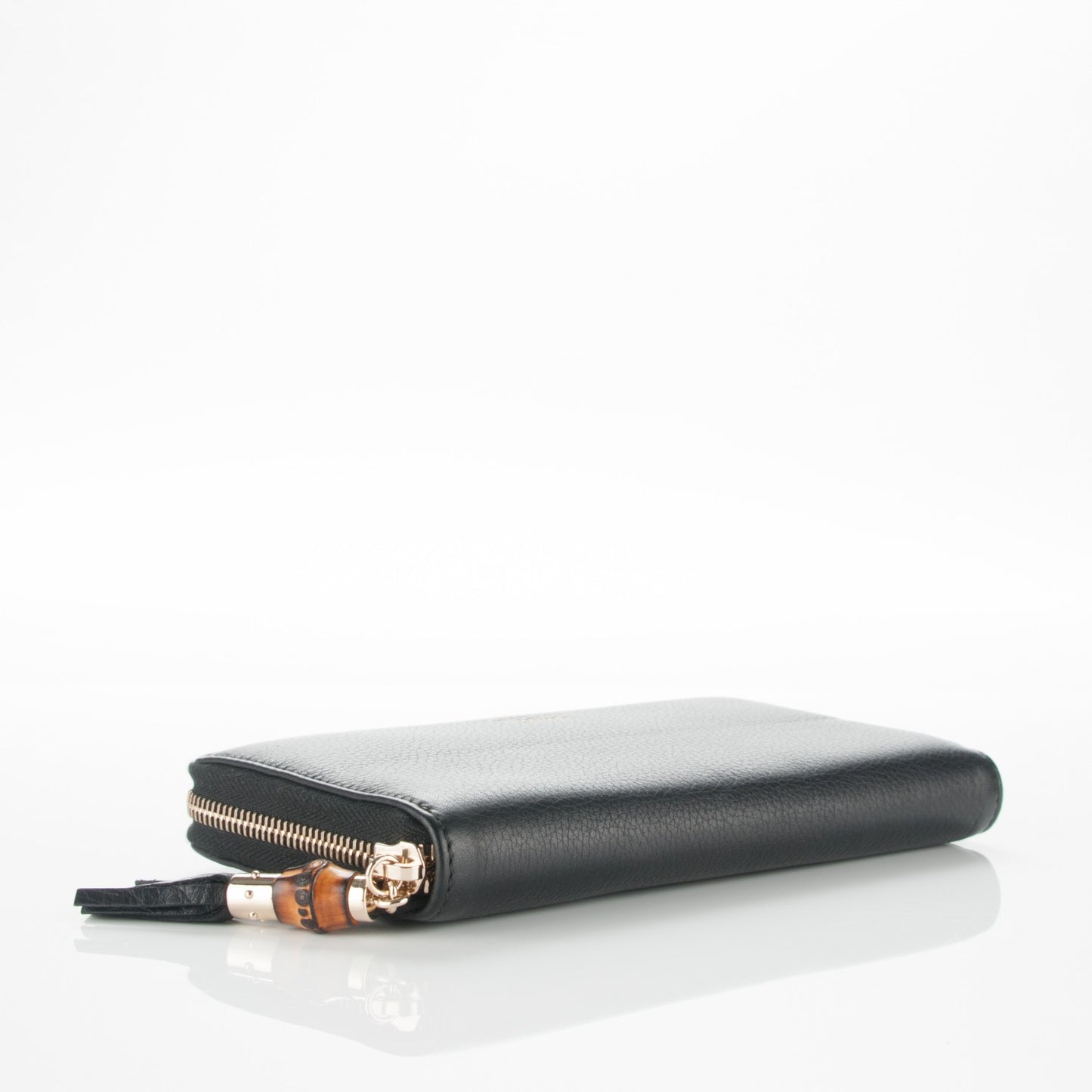 Pebbled Calfskin Bamboo Tassel Zip Around Wallet Black