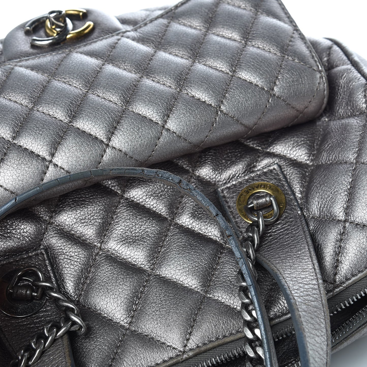 Metallic Grained Calfskin Quilted Large Casual Pocket Bowling Bag Silver