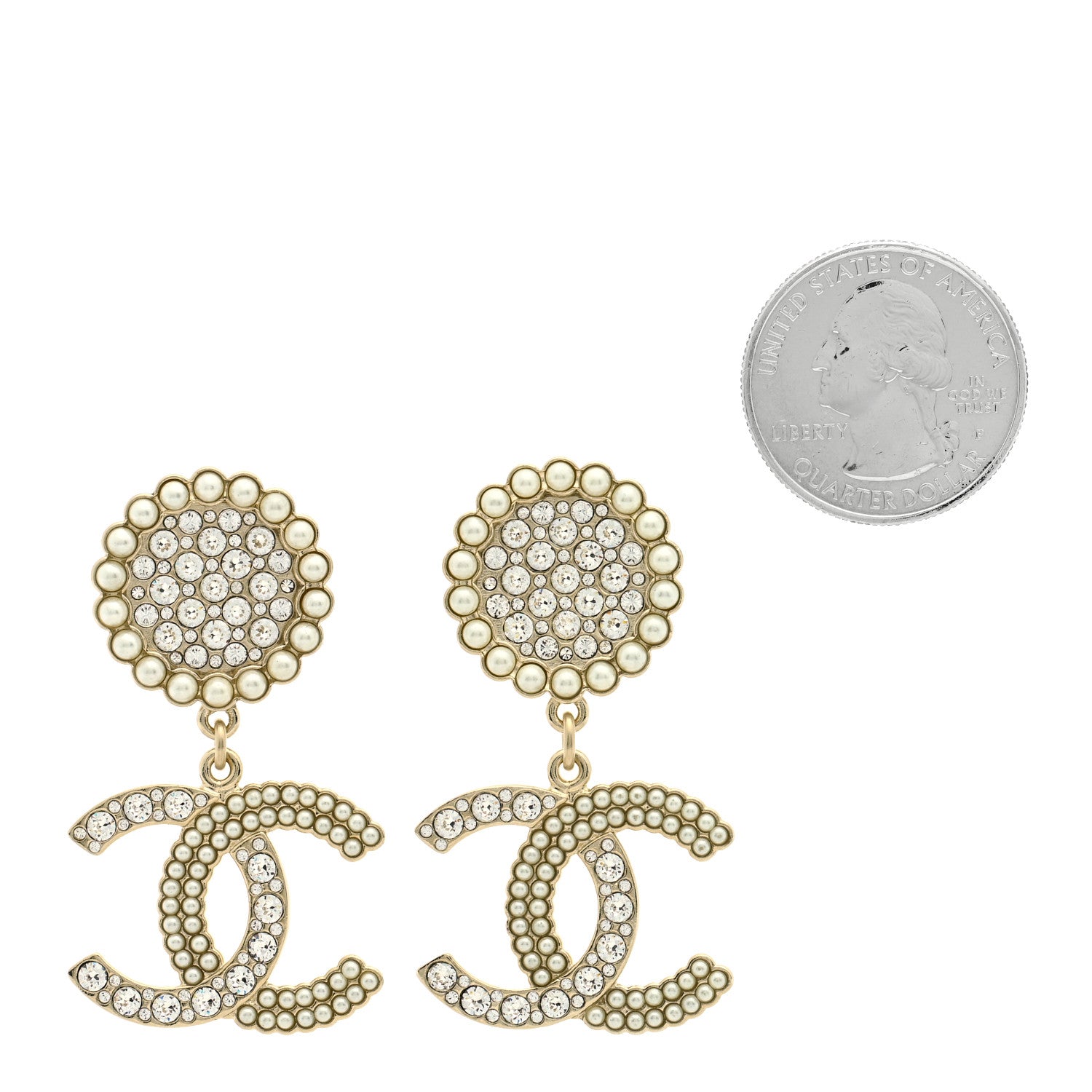 Chanel Crystal Pearl CC Drop Round Earrings Gold 2 of 4
