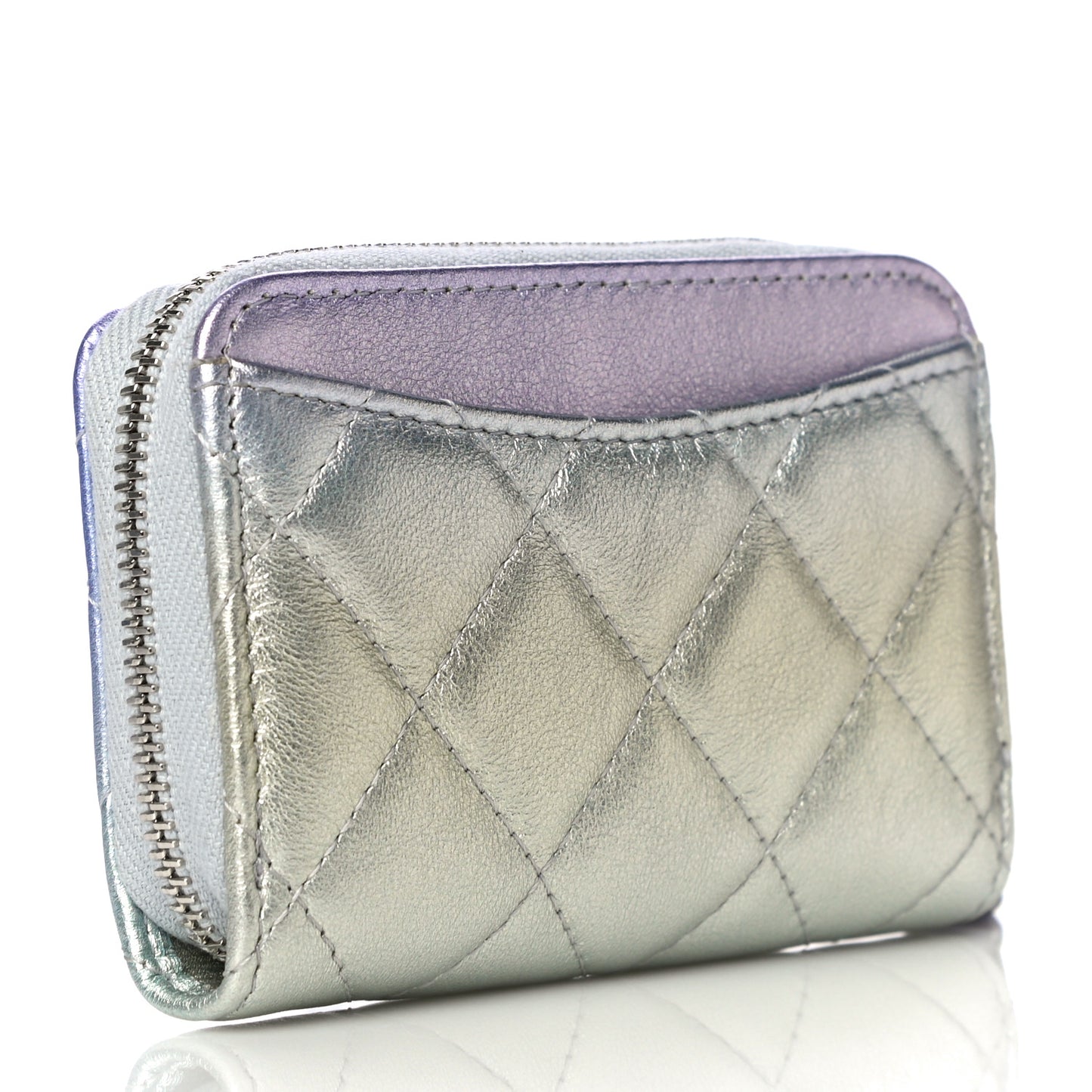 Gradient Metallic Calfskin Quilted Zip Around Coin Purse Wallet Silver Blue Yellow Purple