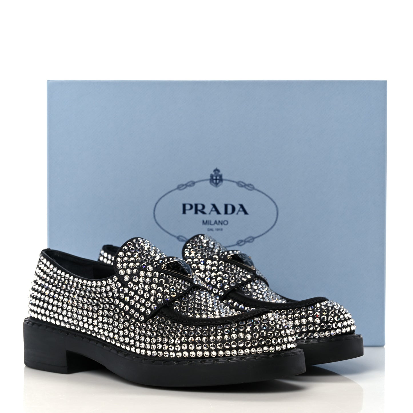 Satin Crystal Metal Triangle Logo 50mm Loafers 39 Cristal