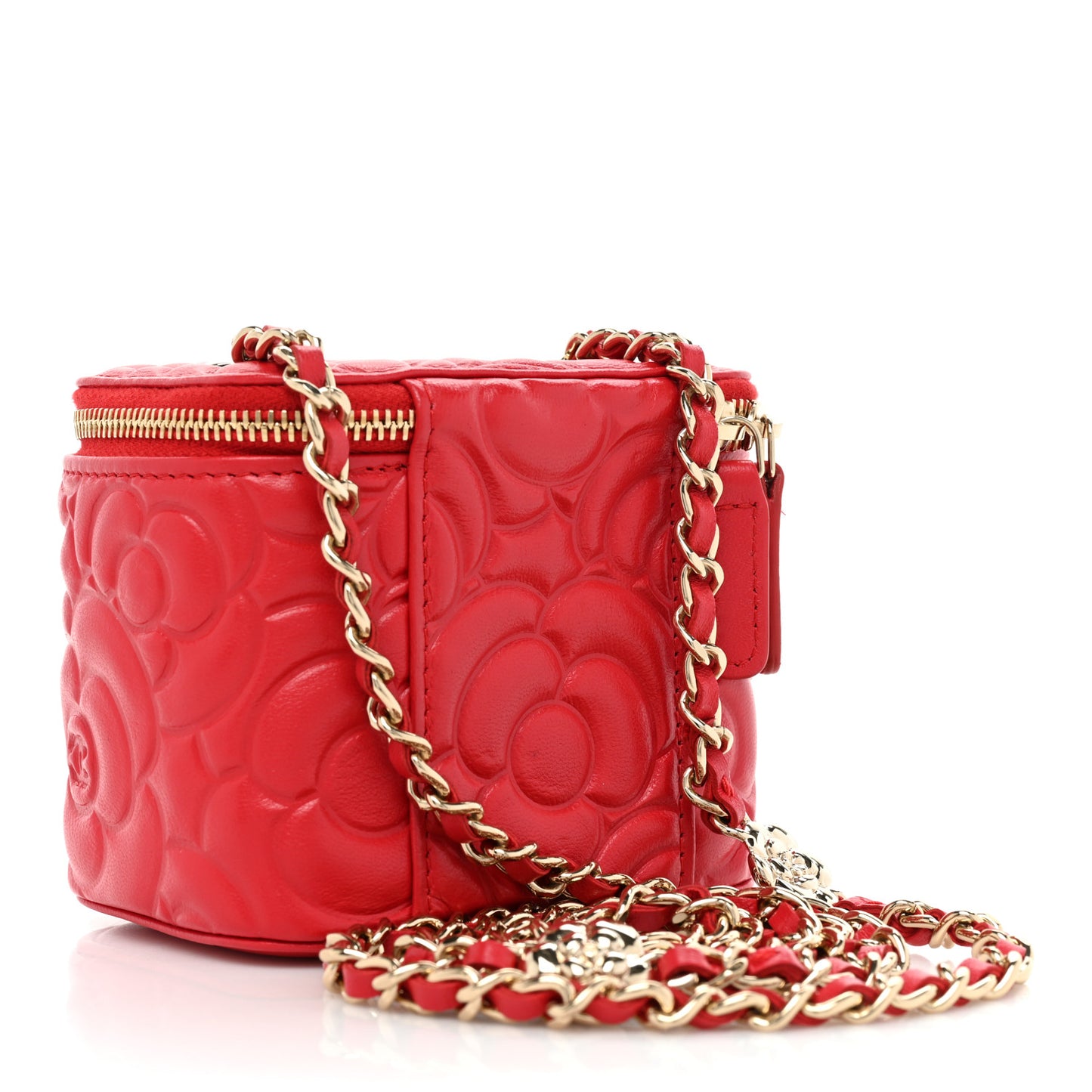 Lambskin Camellia Embossed Mini Vanity Case With Chain Red