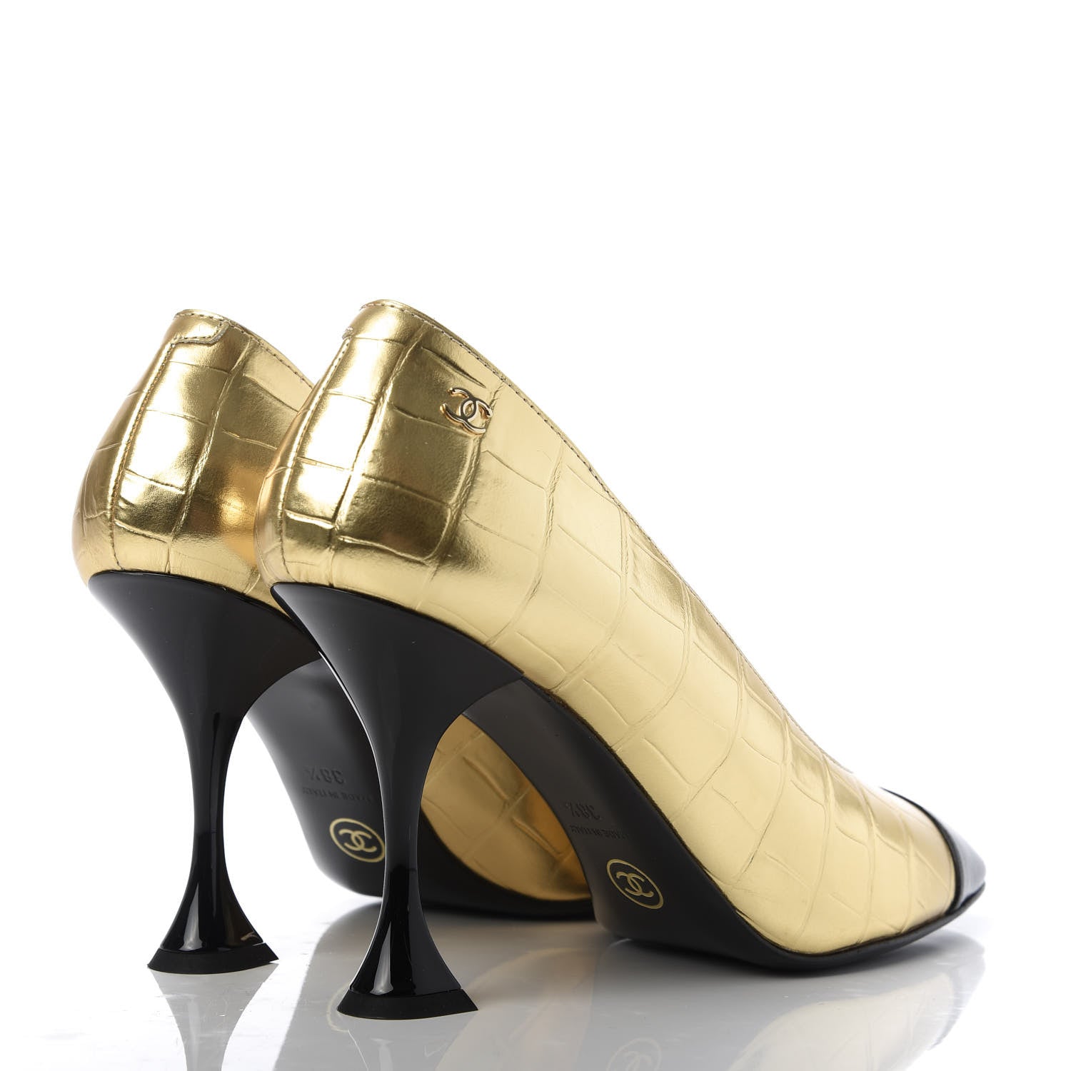 Chanel Metallic Crocodile Embossed Crumpled Patent Cap Toe Pumps 38.5 Gold Black 4 of 10