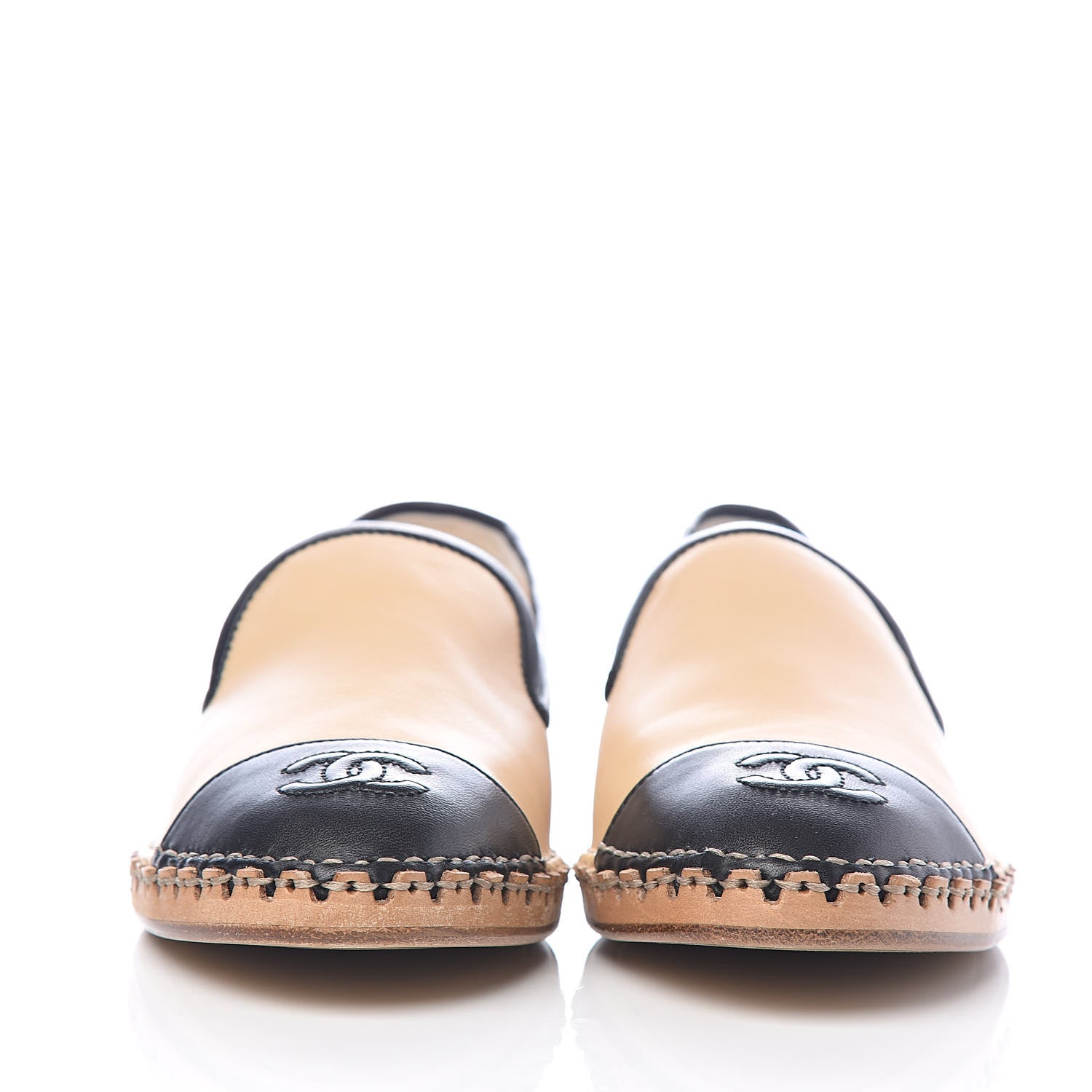 Chanel Lambskin Chain CC Mocassin Loafer Espadrilles 38 Beige Black 2 of 10