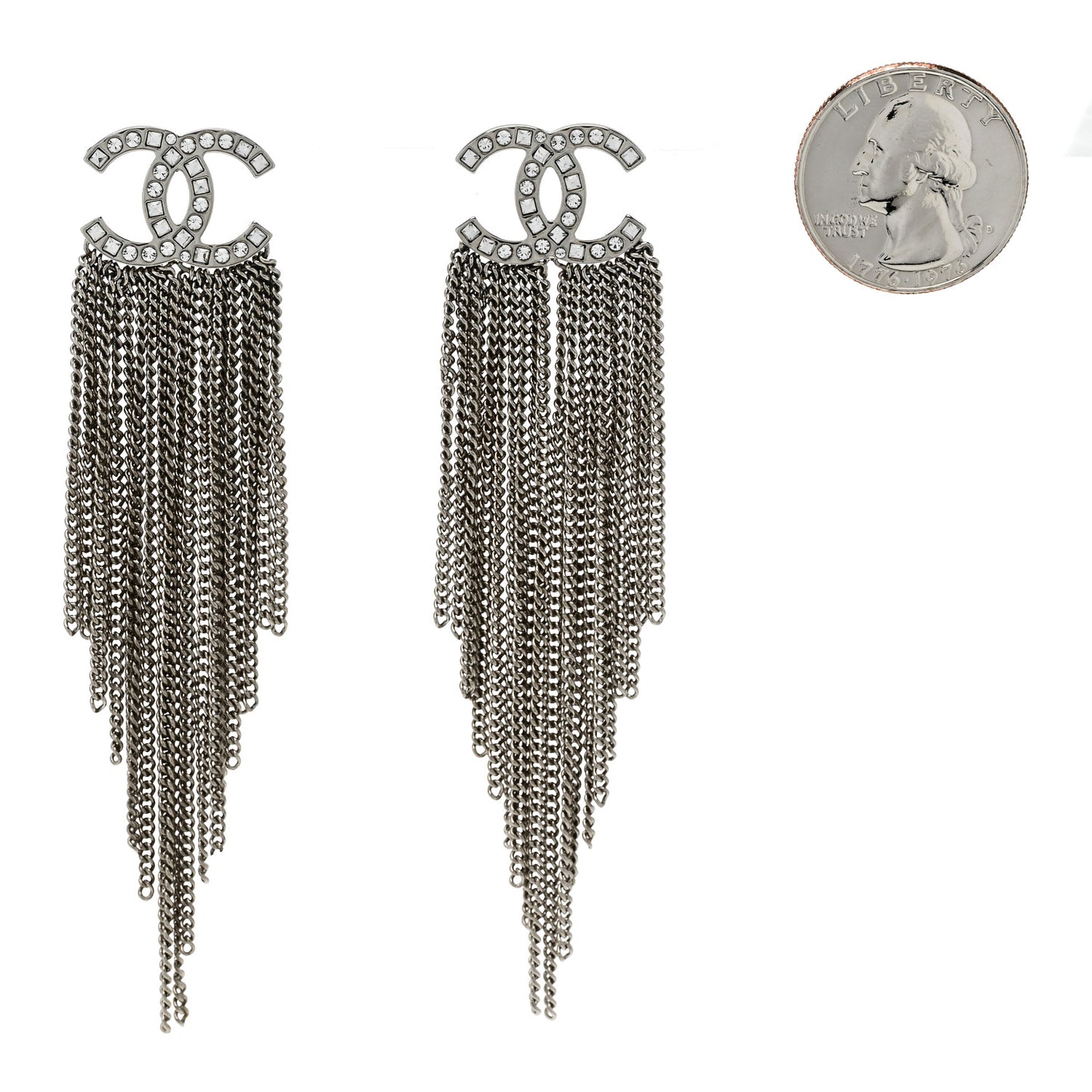 Baguette Crystal CC Chain Drop Earrings Silver