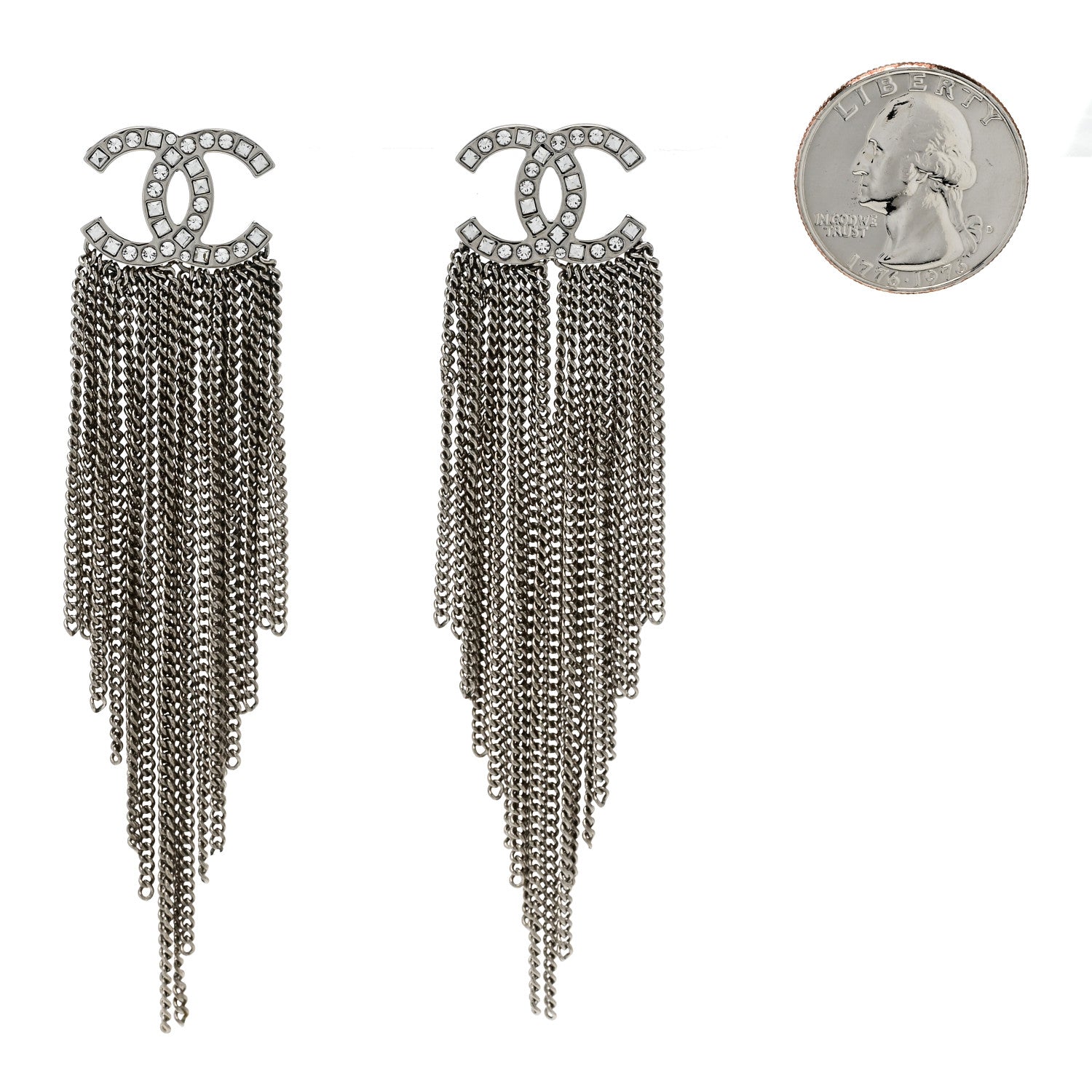 Chanel Baguette Crystal CC Chain Drop Earrings Silver 2 of 5