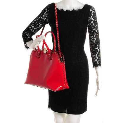 Valentino Garavani Patent Rockstud Dome Satchel Red 2 of 7