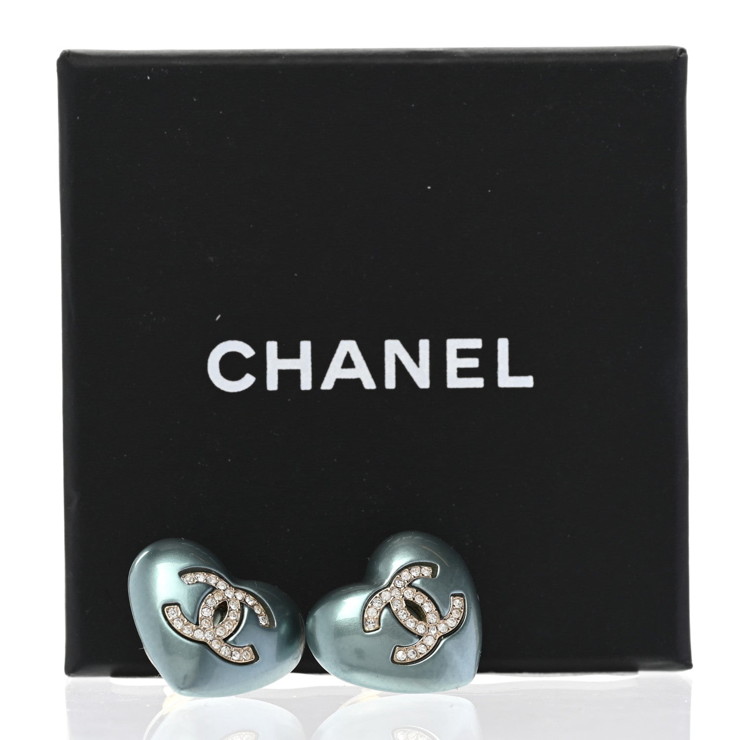 Chanel Pearl Crystal CC Heart Earrings Blue Gold 1350890
