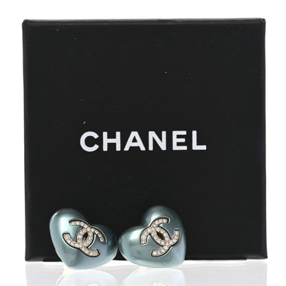 Chanel Pearl Crystal CC Heart Earrings Blue Gold 5 of 5