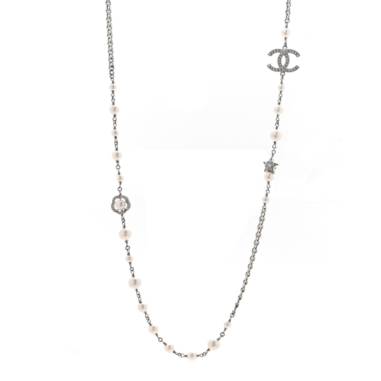 Chanel Pearl Crystal CC Starfall Necklace Silver 1 of 6