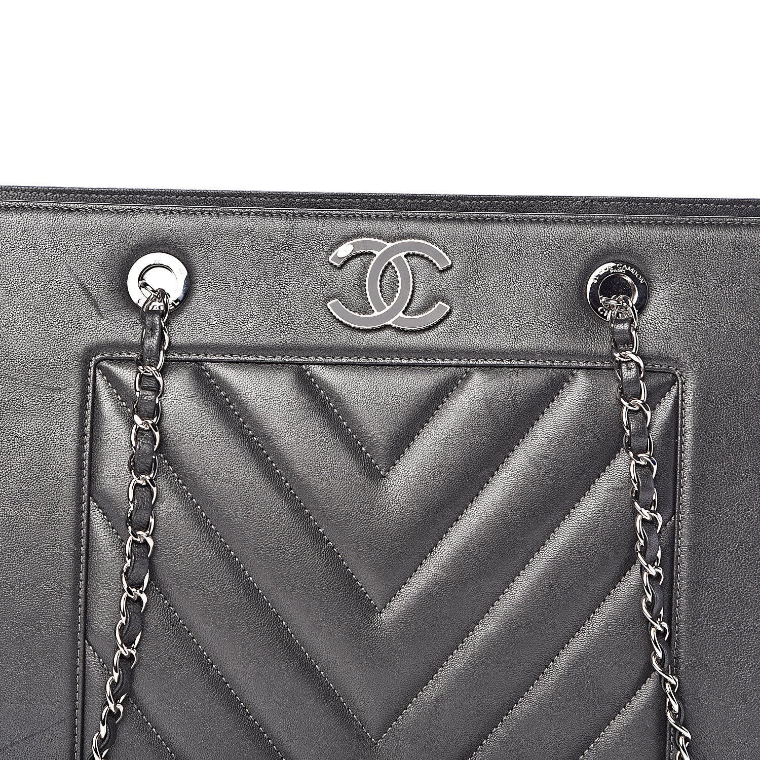 Chanel Sheepskin Chevron Quilted Mademoiselle Vintage Shopping Tote Dark Grey 10 of 11