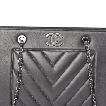 Chanel Sheepskin Chevron Quilted Mademoiselle Vintage Shopping Tote Dark Grey 10 of 11