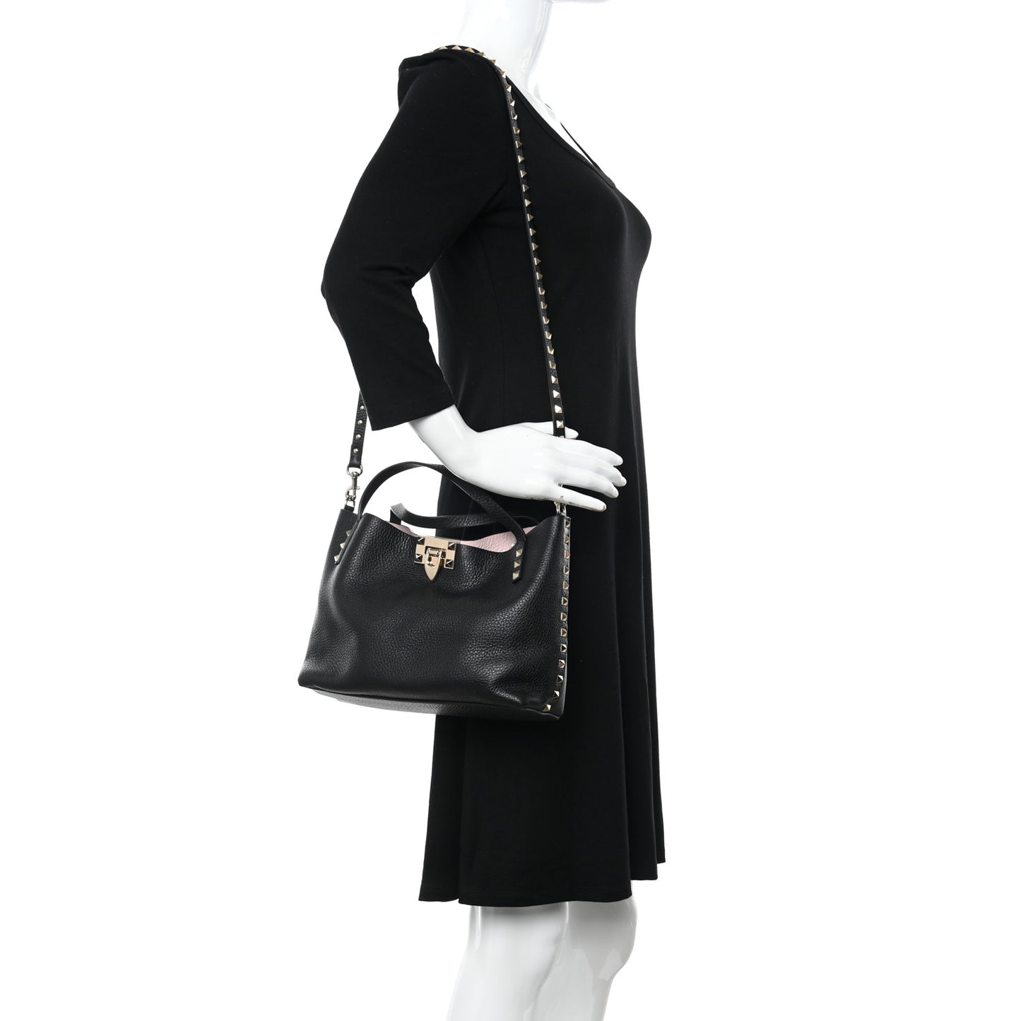 Grained Calfskin Small Rockstud Flip Lock Tote Black Rose Quartz