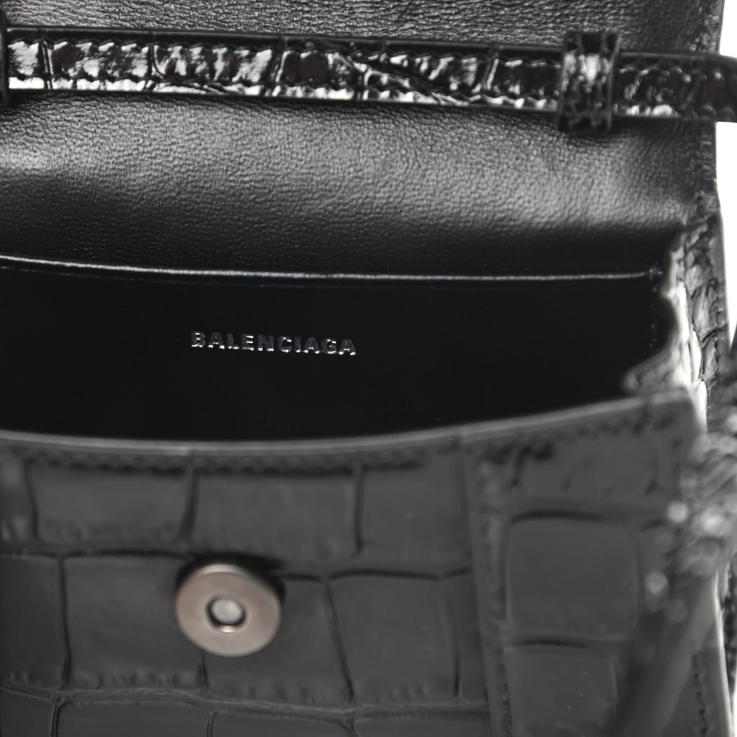 Shiny Calfskin Monochrome Crocodile Embossed Hourglass Top Handle Bag Mini Black