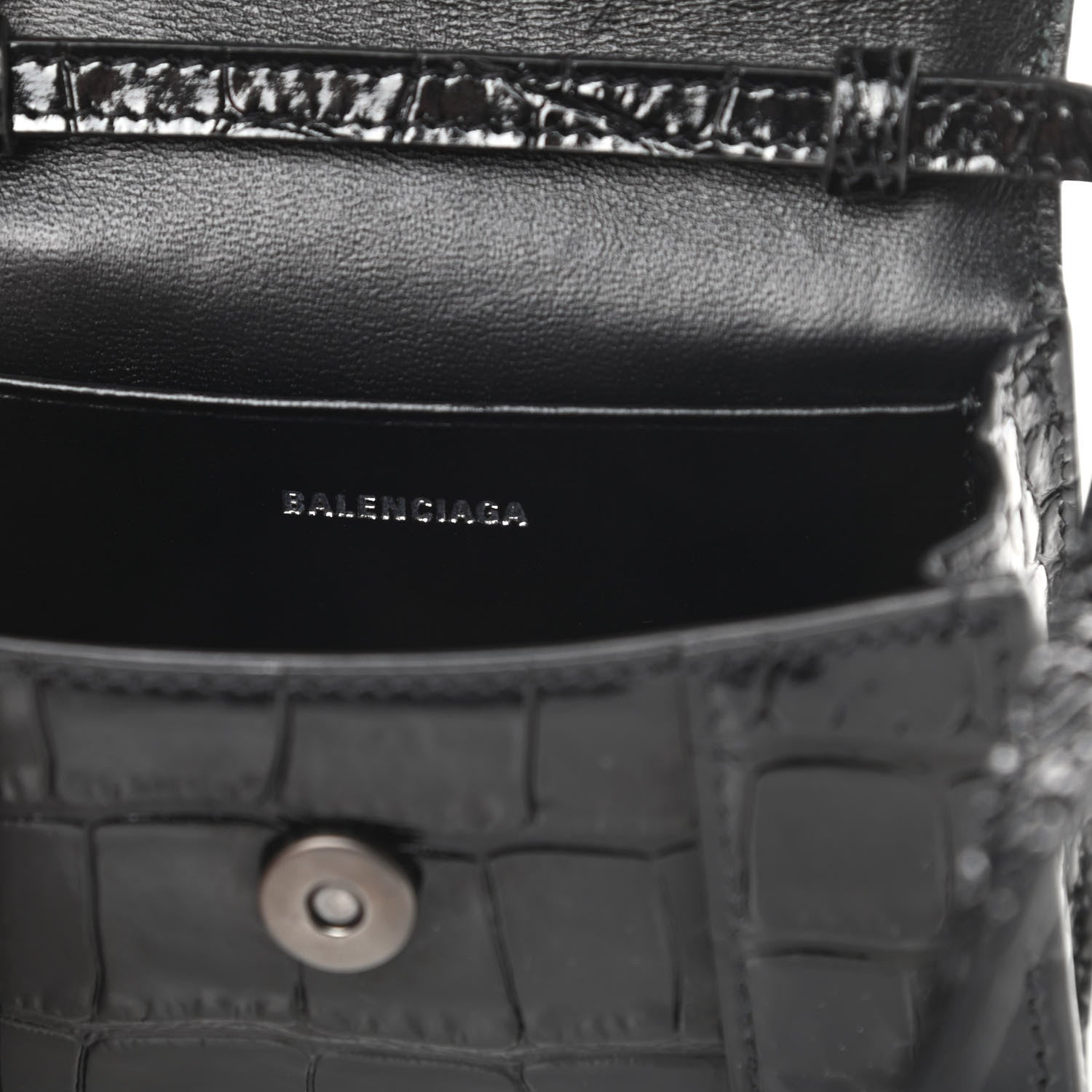 Balenciaga Shiny Calfskin Monochrome Crocodile Embossed Hourglass Top Handle Bag Mini Black 6 of 12