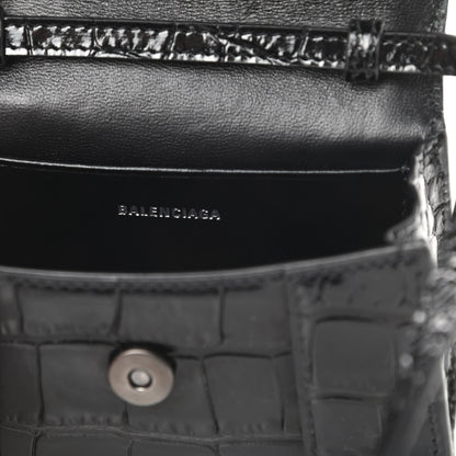 Balenciaga Shiny Calfskin Monochrome Crocodile Embossed Hourglass Top Handle Bag Mini Black 6 of 12