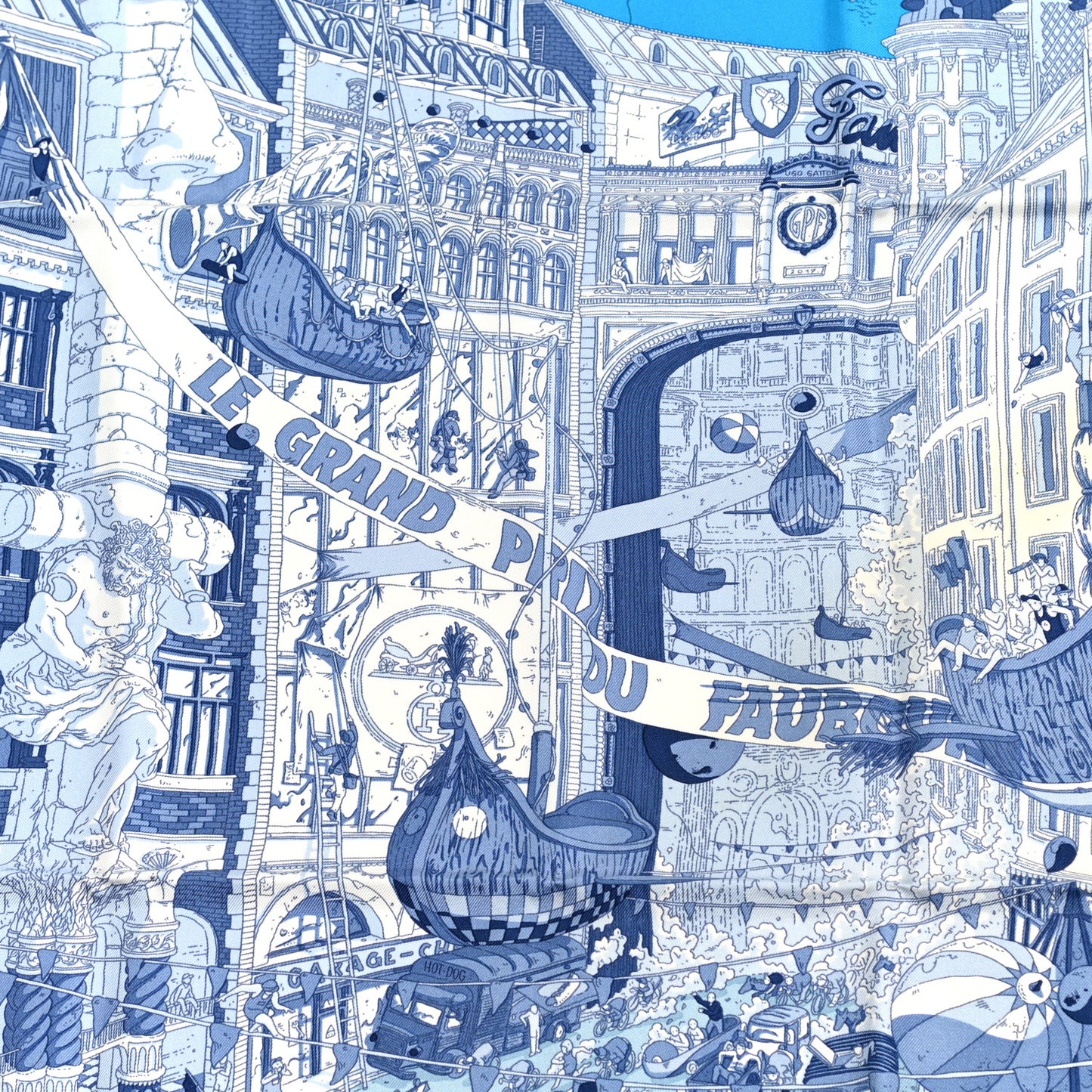 Silk Le Grand Prix du Faubourg Scarf 90 Bleu Azur Bleu Jean White