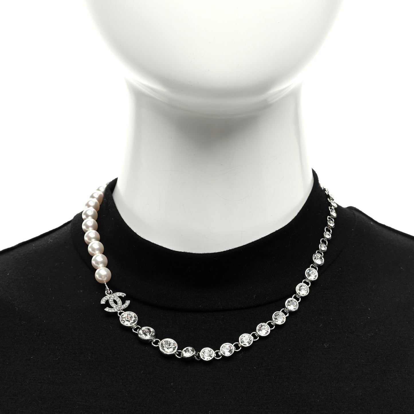 Pearl Crystal CC Choker Necklace Silver