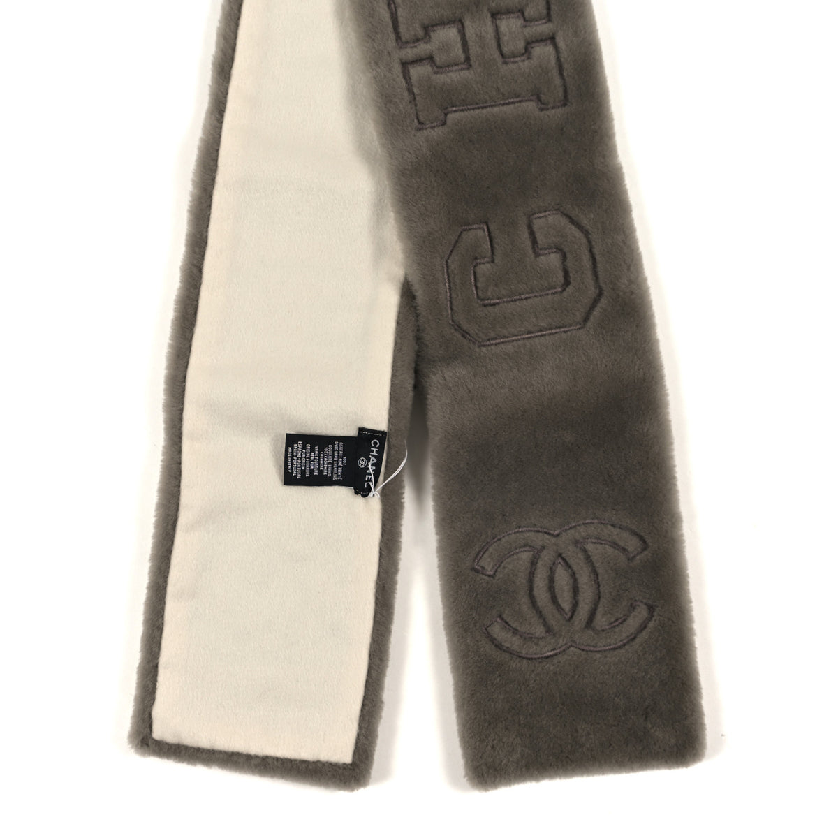 Chanel Shearling Cashmere CC Logo Scarf Light Grey White 2 of 3
