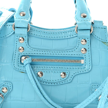 Balenciaga Calfskin Crocodile Embossed Neo Classic Silver Hardware Nano City Crossbody Azur 8 of 13