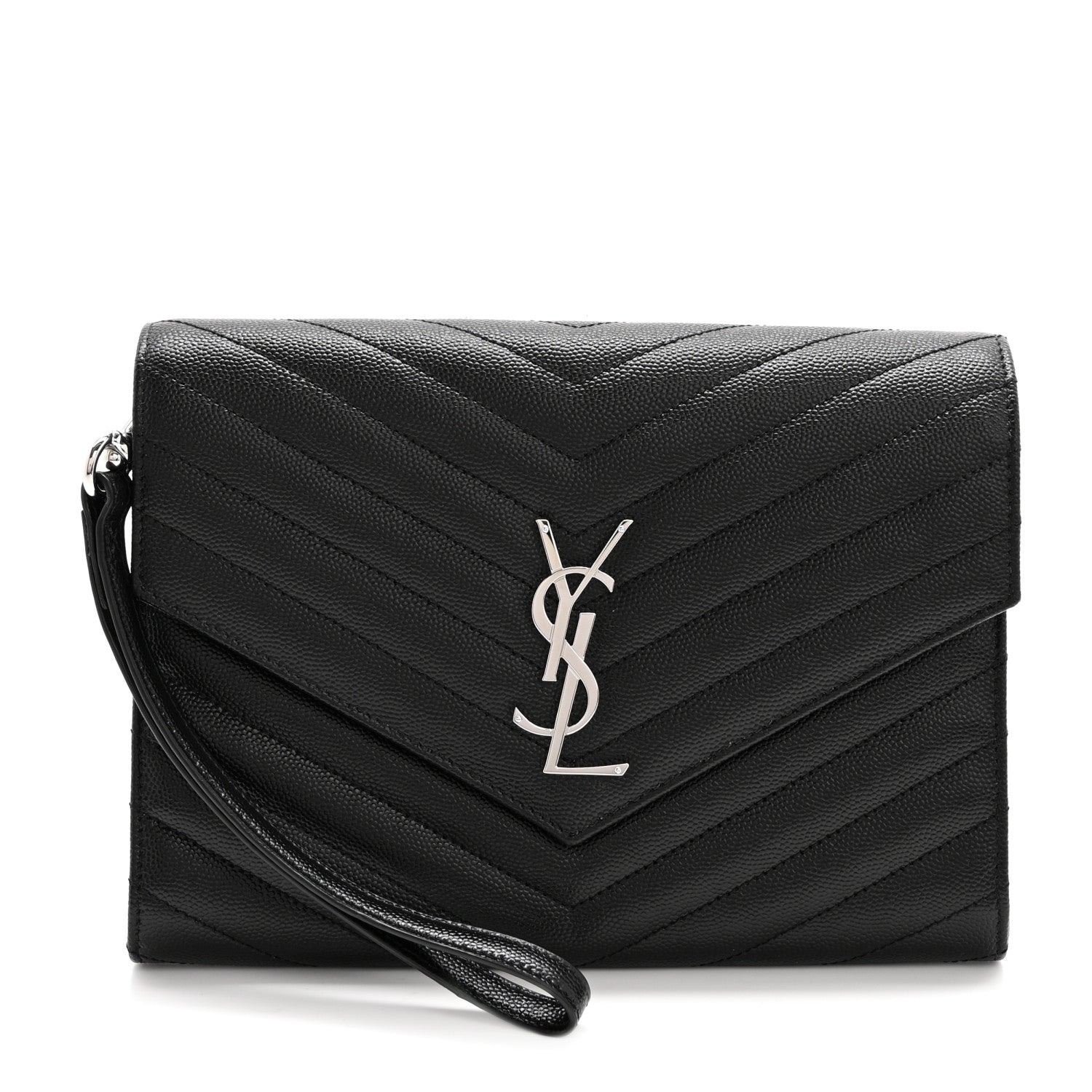Saint Laurent Grain De Poudre Matelasse Chevron Monogram Envelope Clutch Black 1 of 8