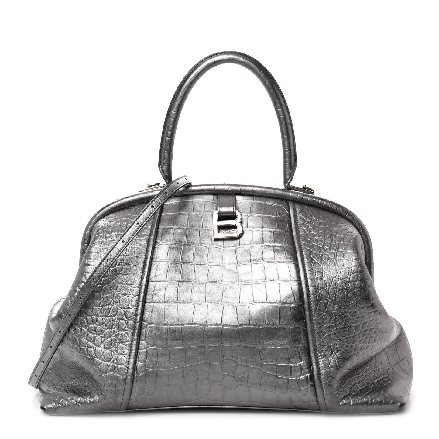 Extra Supple Calfskin Crocodile Embossed Large Editor Bag Silver
