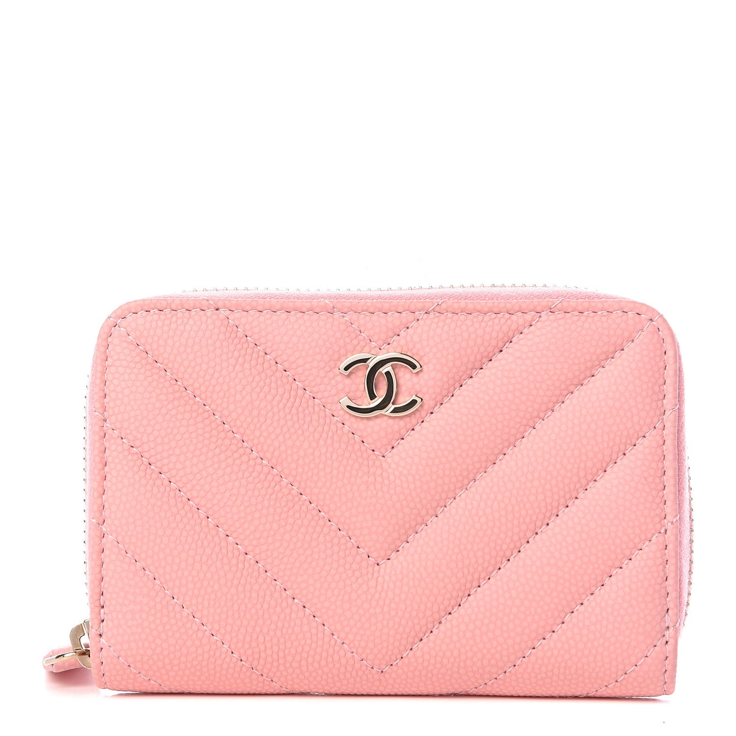 Iridescent Caviar Chevron Quilted Zip Coin Purse Pink