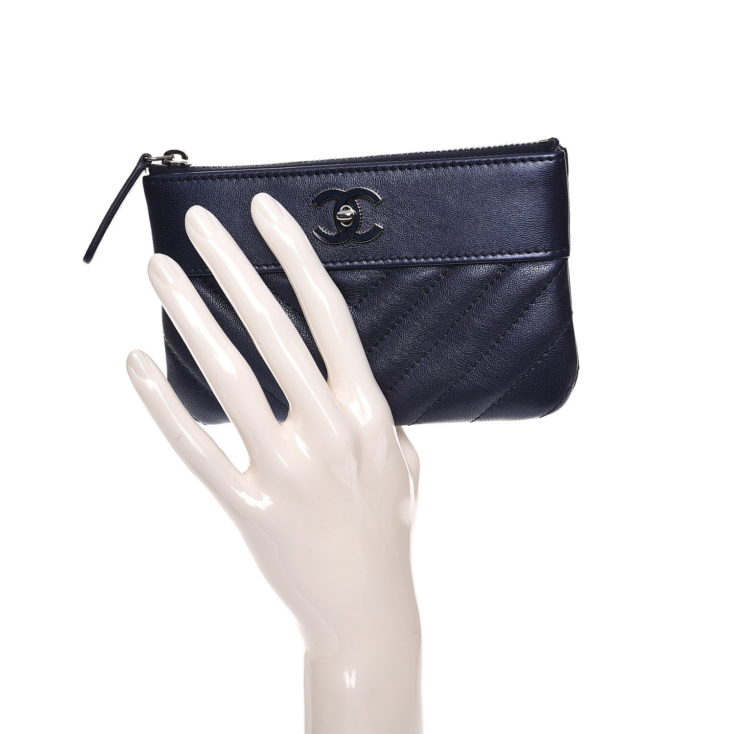 Chanel Metallic Sheepskin Chevron Quilted Small Vintage Mademoiselle Cosmetic Case Navy 2 of 8