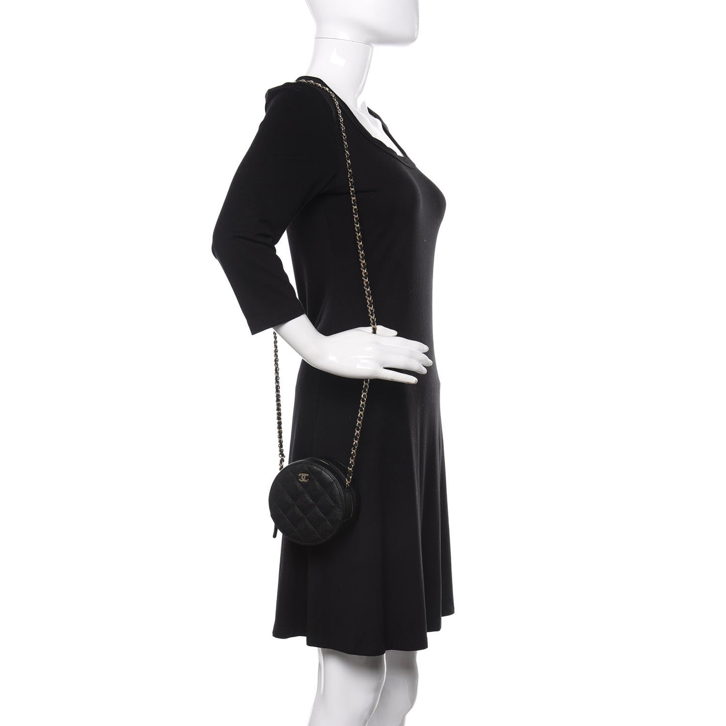 Caviar Quilted Round Clutch With Chain Black