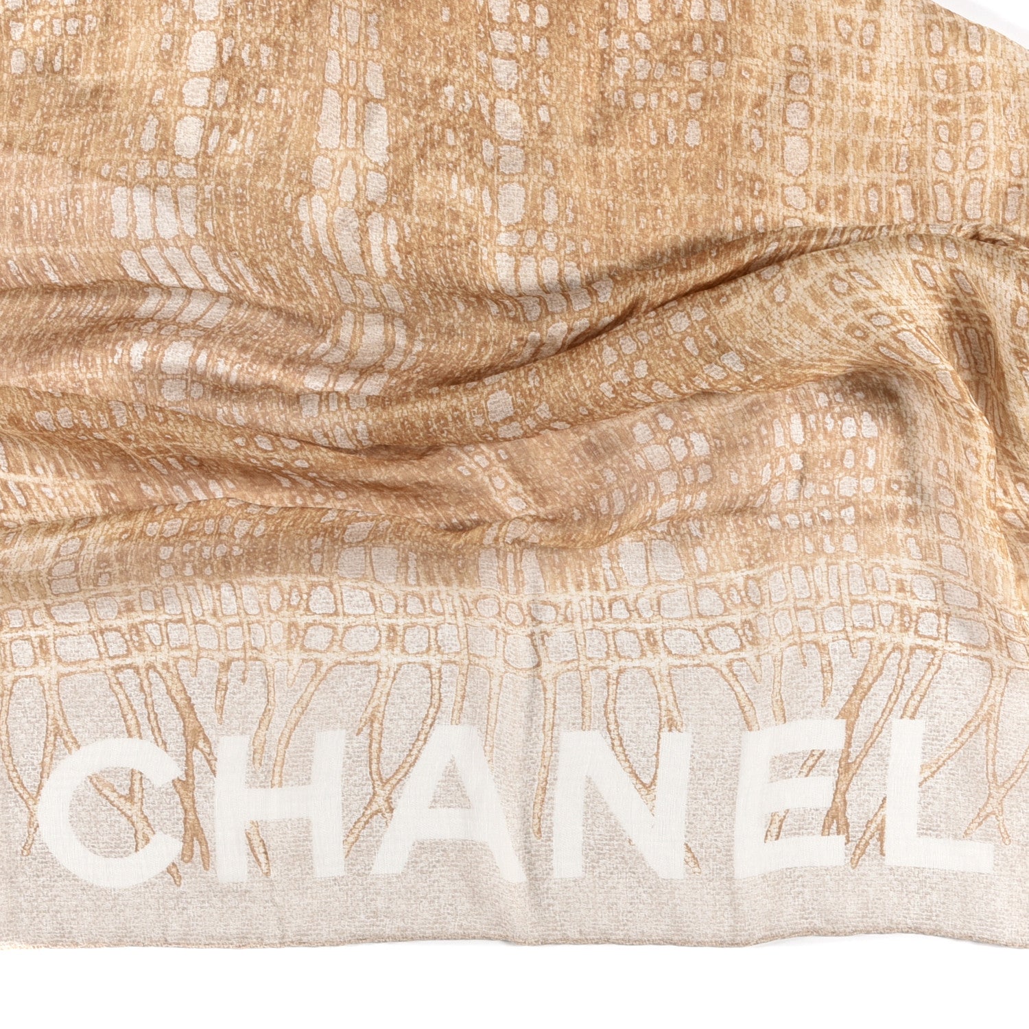 Chanel Silk Logo Woven Scarf Shawl Beige 2 of 3