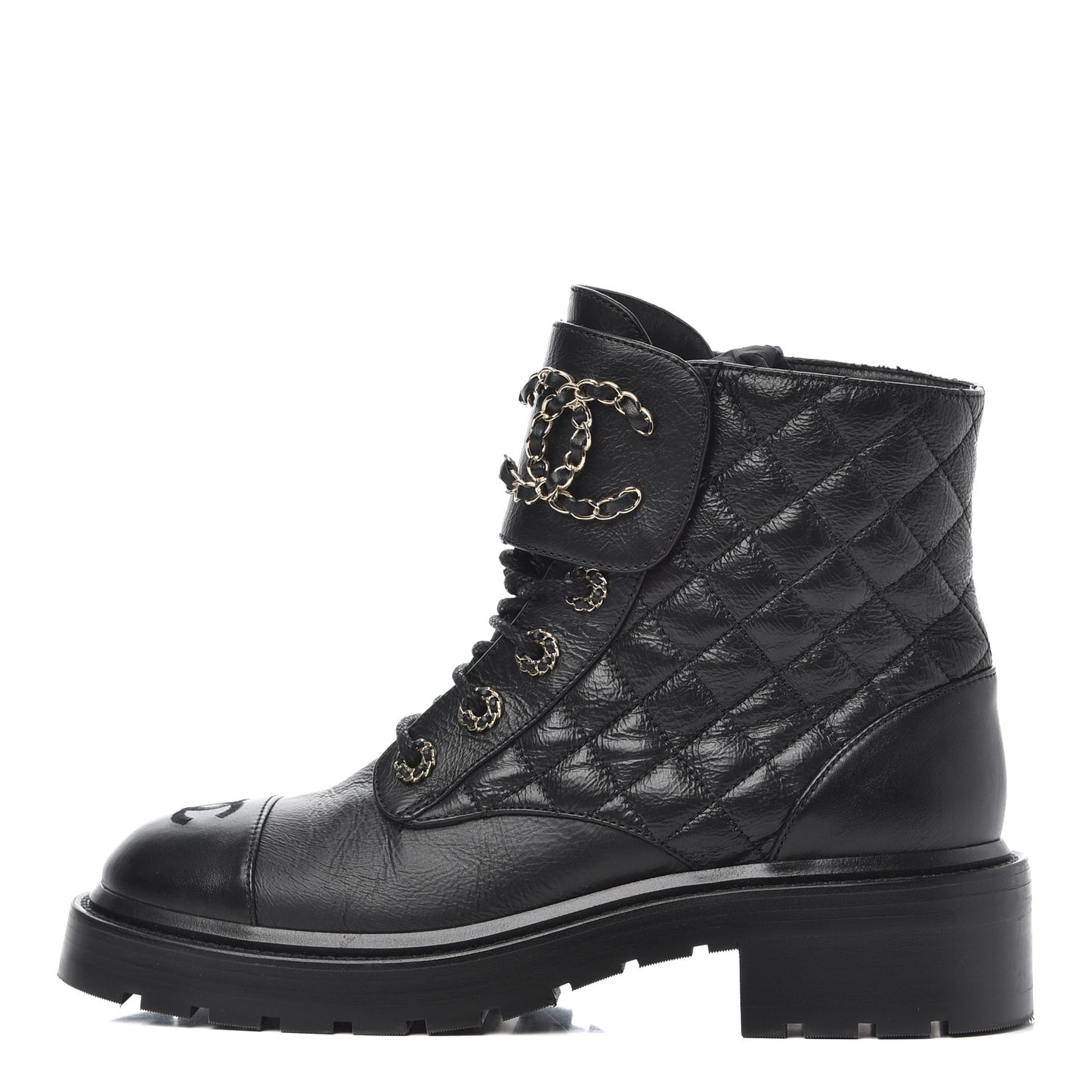 Shiny Goatskin Calfskin Quilted Lace Up Combat Boots 38 Black