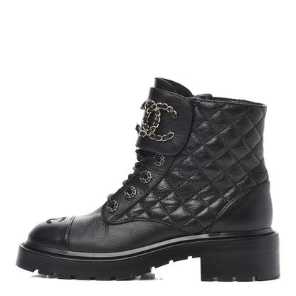Chanel Shiny Goatskin Calfskin Quilted Lace Up Combat Boots 38 Black 1 of 17