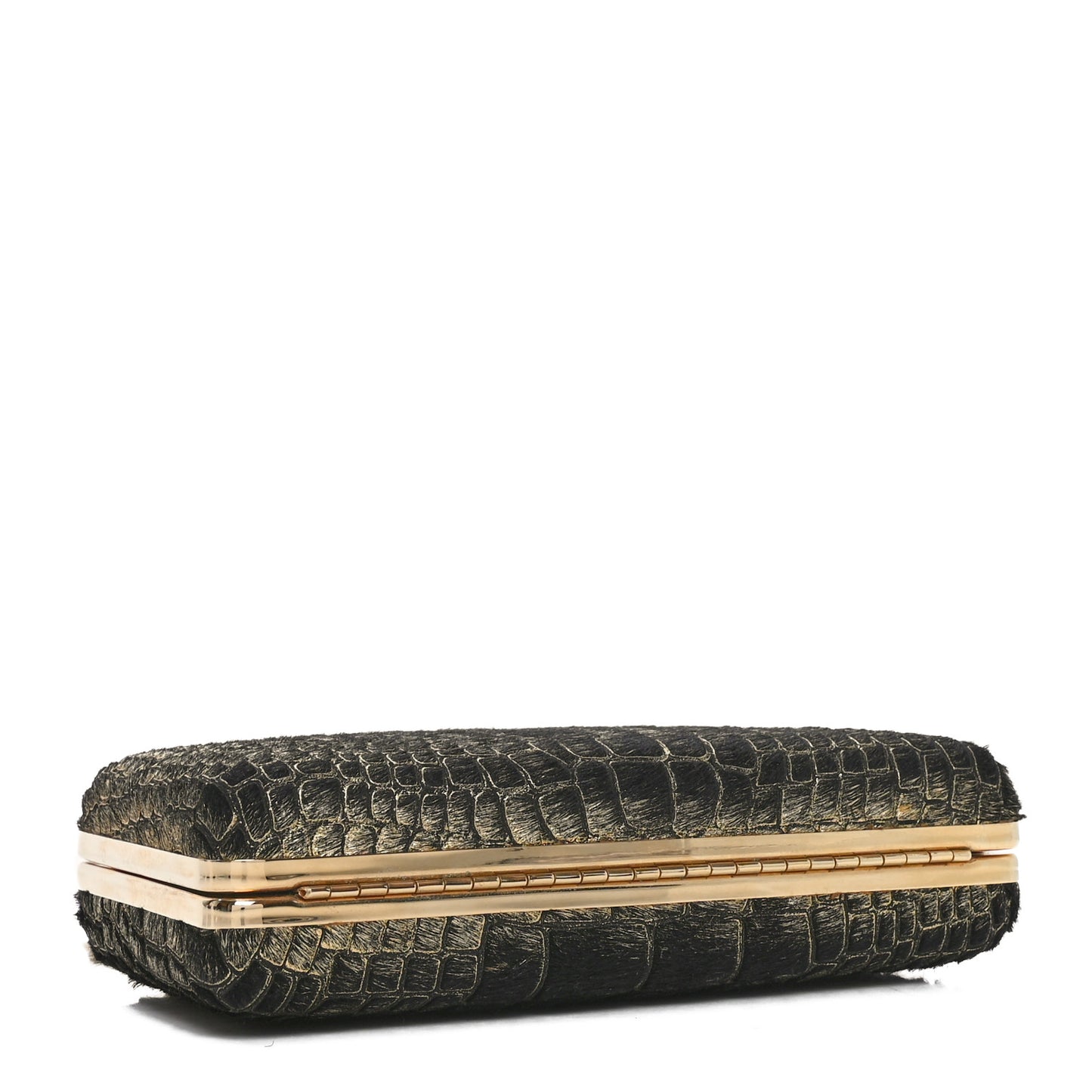 Ponyhair Crocodile Print Clutch Black Gold