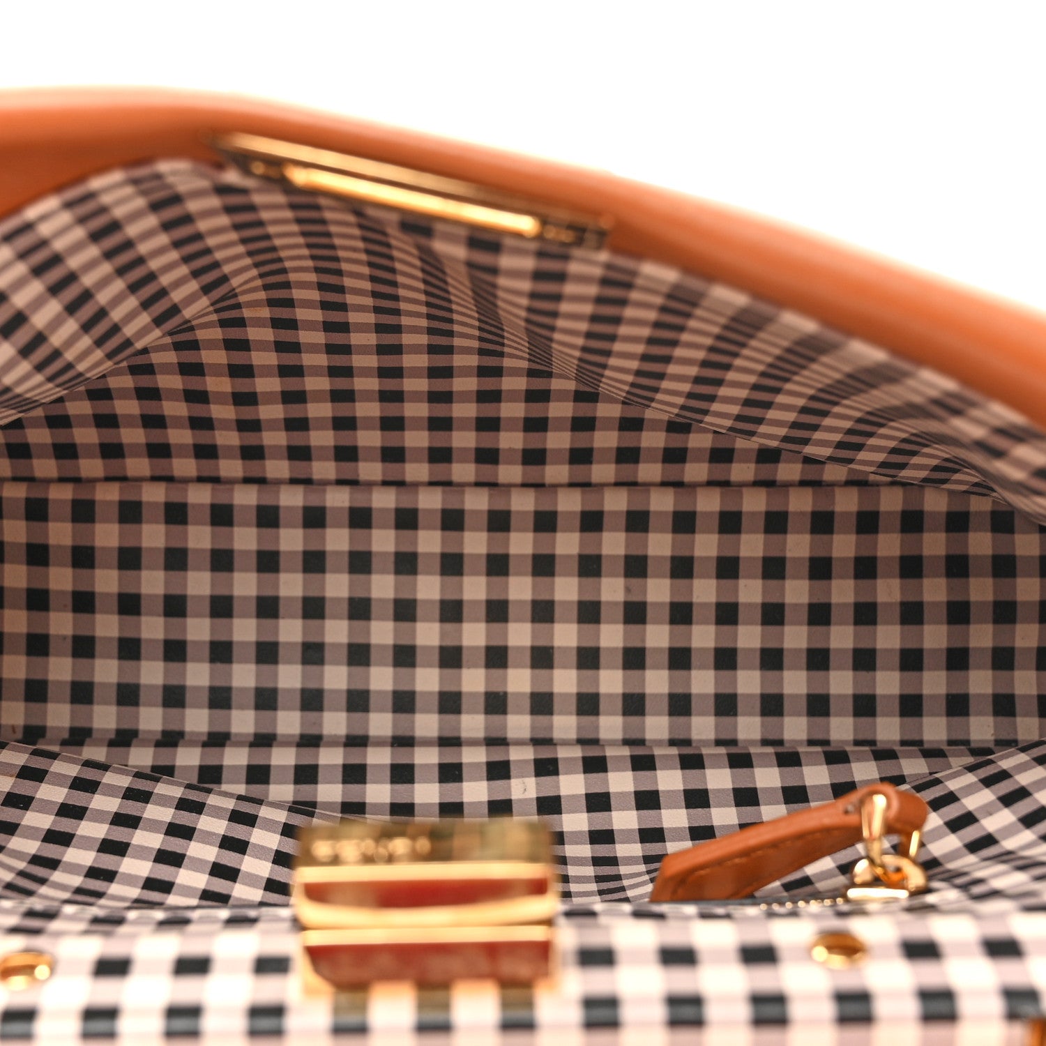 Fendi Nappa Vitello Century Gingham Embossed Mini Peekaboo Iconic Satchel Brandy White Black 6 of 18