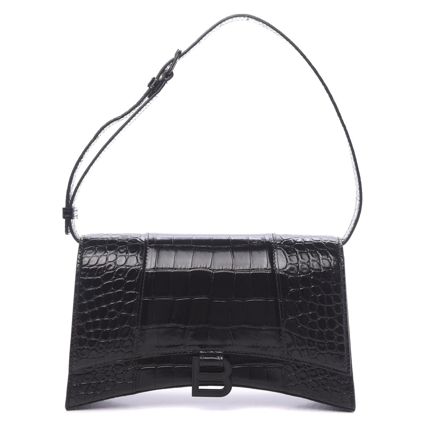Shiny Calfskin Monochrome Crocodile Embossed Small Hourglass Sling Shoulder Bag Black