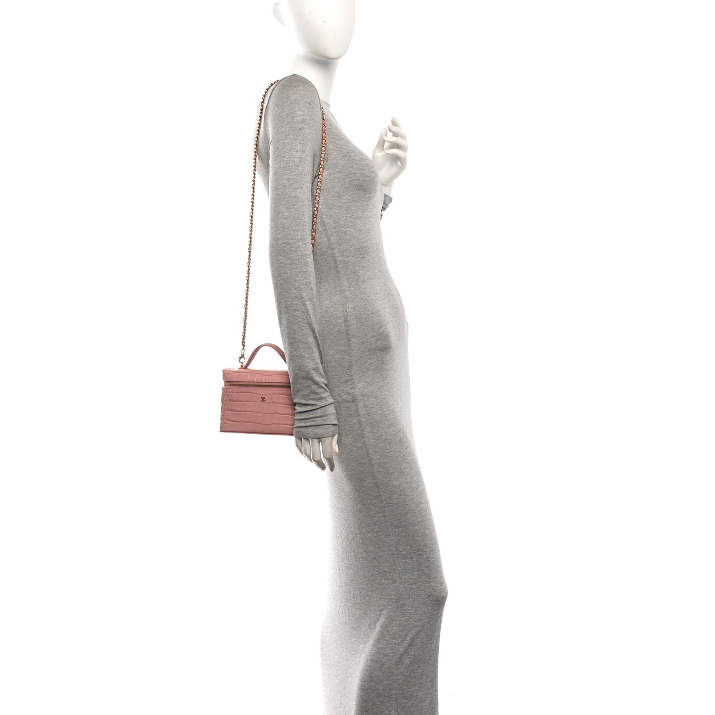 Calfskin Crocodile Embossed Crococo Top Handle Slim Vanity Case With Chain Light Pink