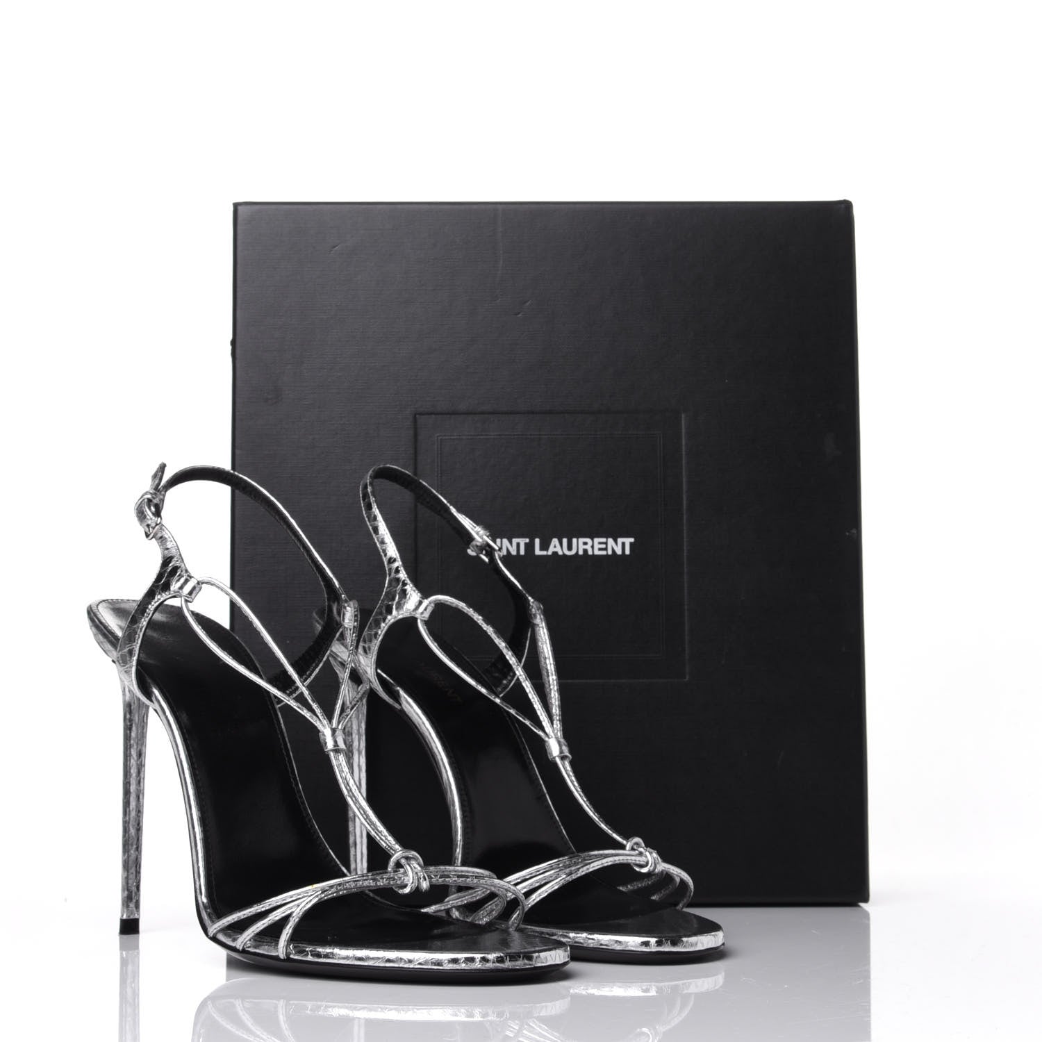 Saint Laurent Snake Calfskin Embossed Jane 110 Ankle Strap Sandals 40 Silver 10 of 10