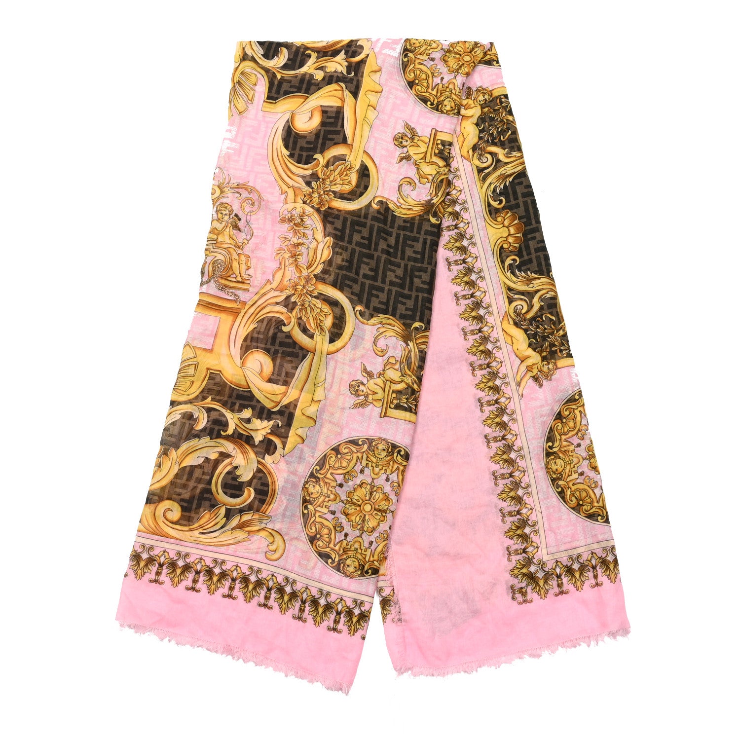 Fendi X VERSACE Silk FF Baroque Fringe Scarf Gold Pink 2 of 3
