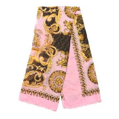 Fendi X VERSACE Silk FF Baroque Fringe Scarf Gold Pink 2 of 3