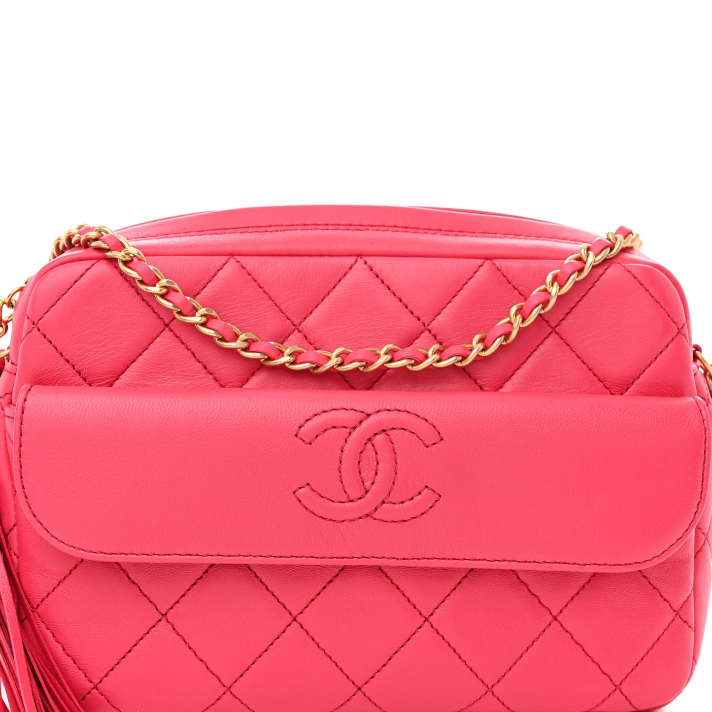 Lambskin Quilted Chain & Tassel Small Camera Case Fuchsia